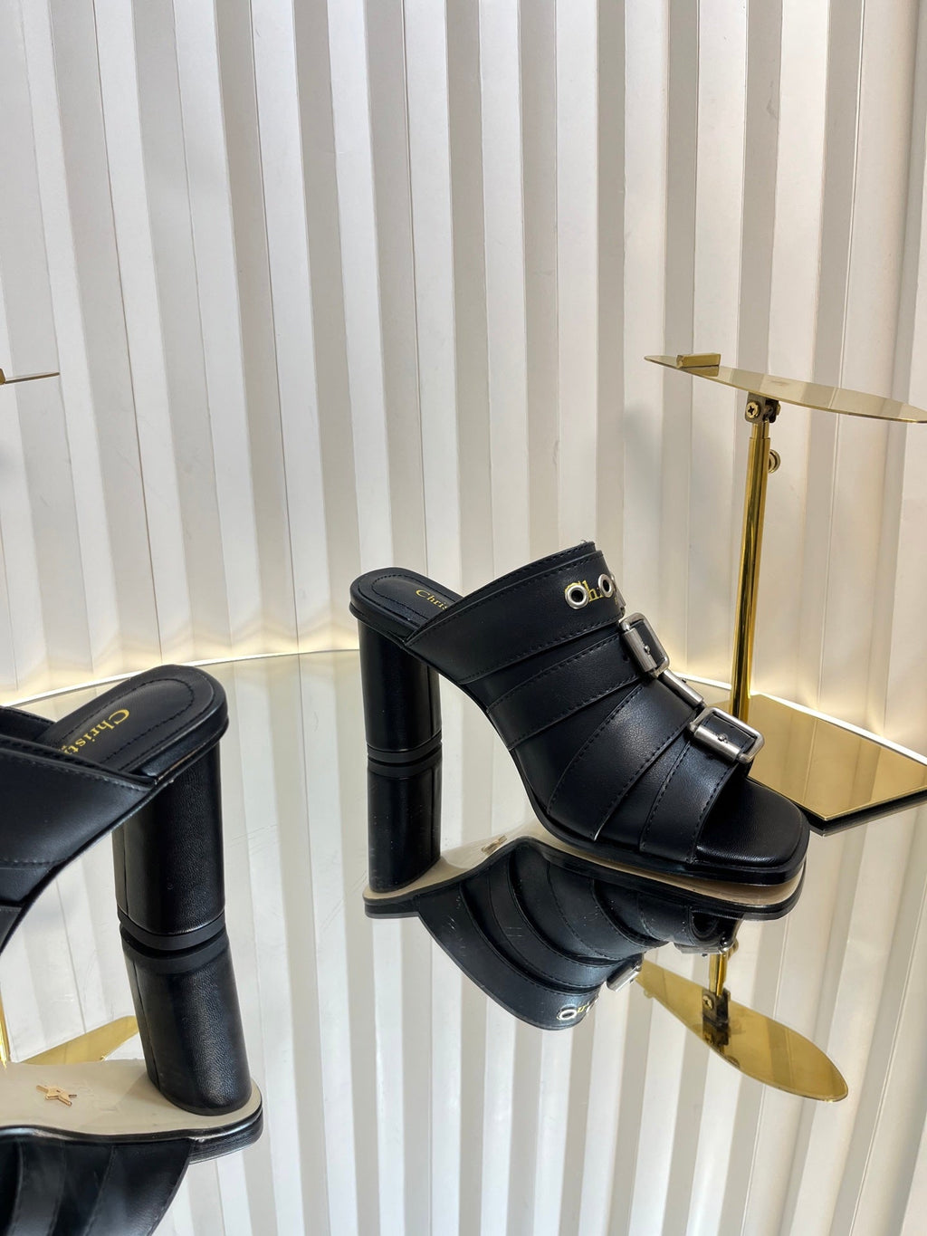 PUNK HEEL SLIDES 25S 80MM IN BLACK CALFSKIN