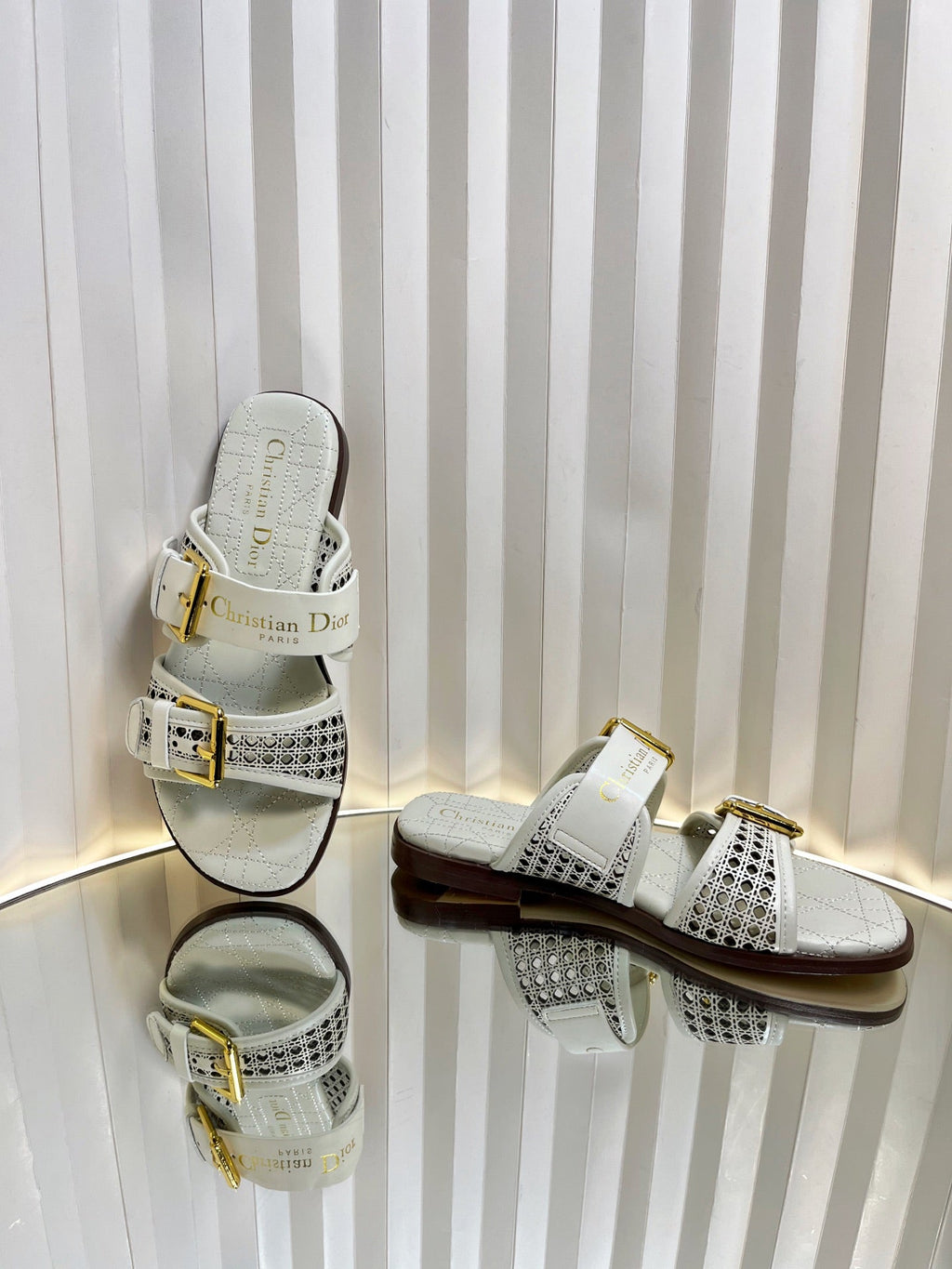 D-AVENUE SLIDES 25S IN WHITE CALFSKIN MICRO CANNAGE MOTIF