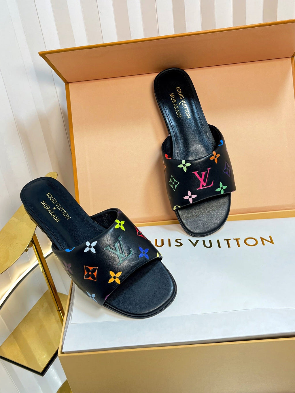 LV 26S FLAT MULES IN BLACK MULTICOLOR MONOGRAM CALFSKIN