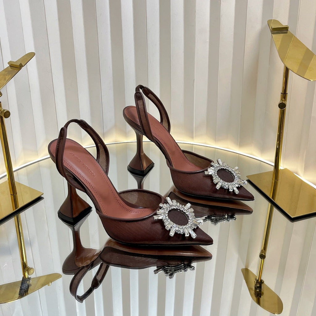 AMINA CRYSTAL HIGH HEELS 95MM IN BROWN MESH