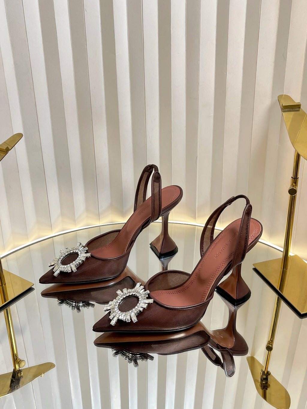 AMINA CRYSTAL HIGH HEELS 95MM IN BROWN MESH
