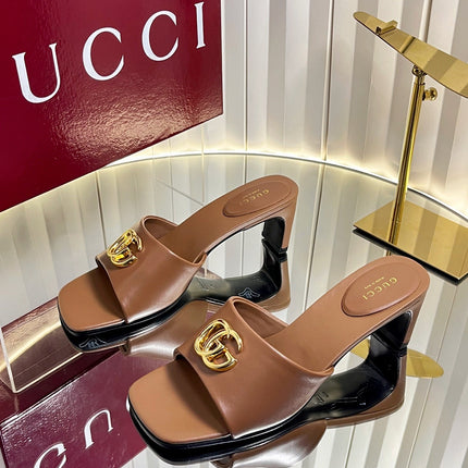 GUCCI 26S HIGH-HEELED SANDALS 45 MM IN BROWN CALFSKIN