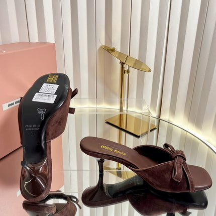 MIUMIU 26S MULE SANDALS 55MM IN DARK BROWN SUEDE WITH BOW