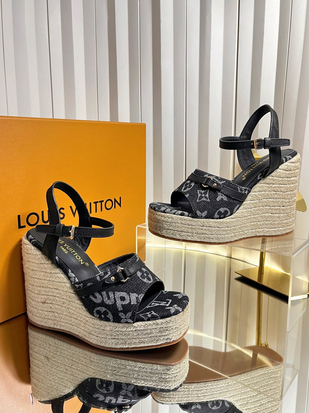LV 26S HELIOS WEDGE SANDAL 120MM IN BLACK MONOGRAM DENIM