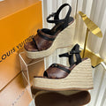 LV 26S HELIOS WEDGE SANDAL 120MM IN DARK BROWN MONOGRAM CALFSKIN