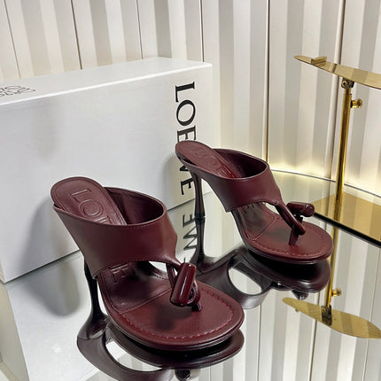LOEWE 26S HEELED THONG SANDALS 90 MM IN DARK RED CALFSKIN