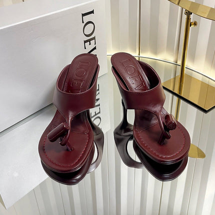LOEWE 26S HEELED THONG SANDALS 90 MM IN DARK RED CALFSKIN