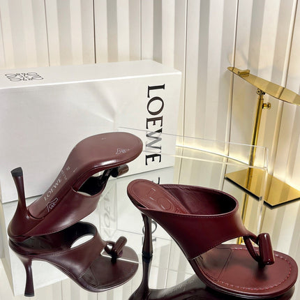 LOEWE 26S HEELED THONG SANDALS 90 MM IN DARK RED CALFSKIN