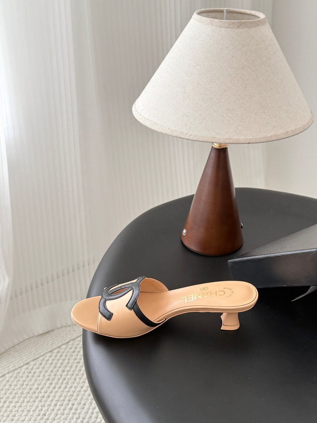CHANEL HIGH MULES IN BEIGE MIX BLACK CALFSKIN