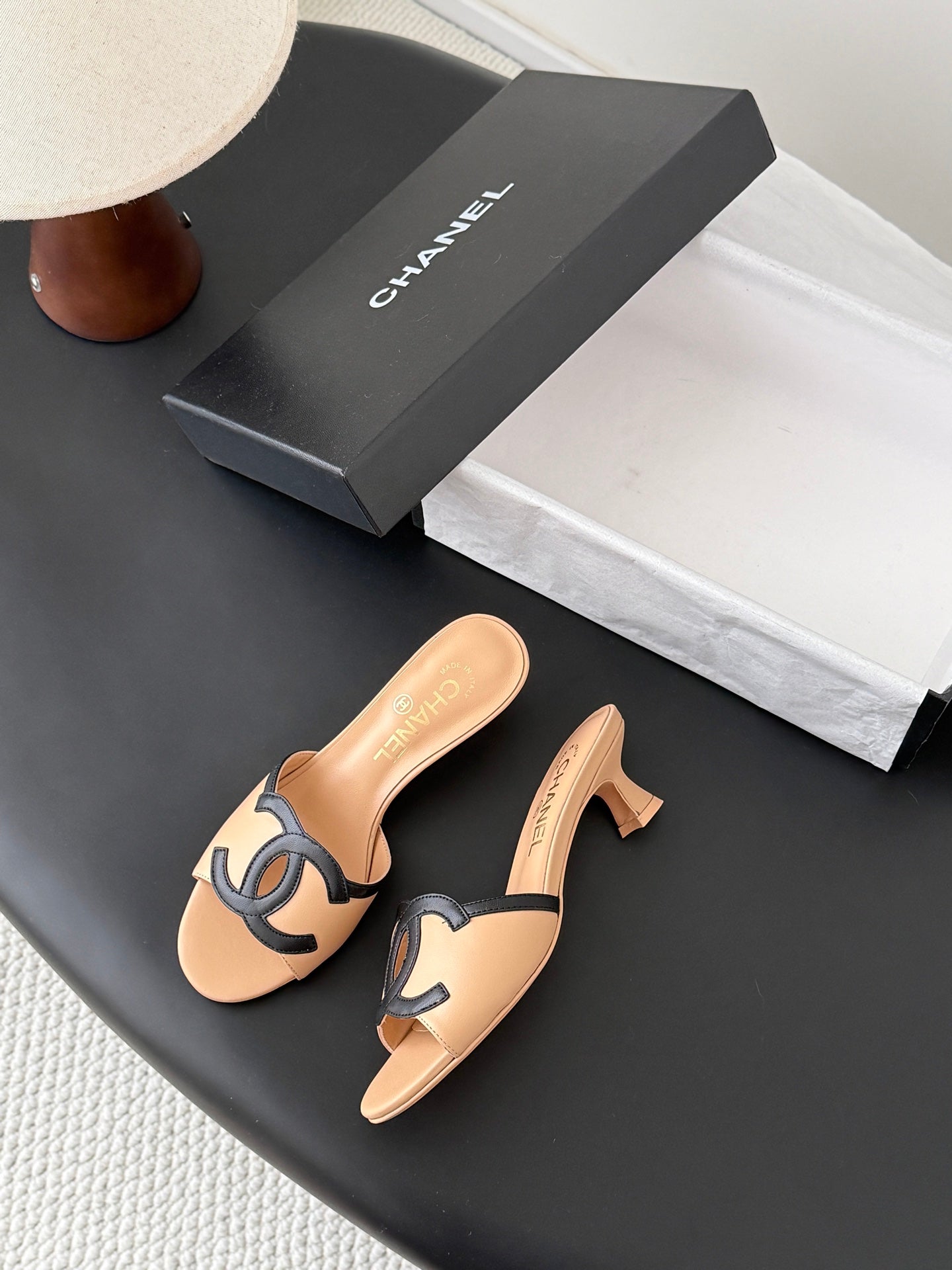 CHANEL HIGH MULES IN BEIGE MIX BLACK CALFSKIN