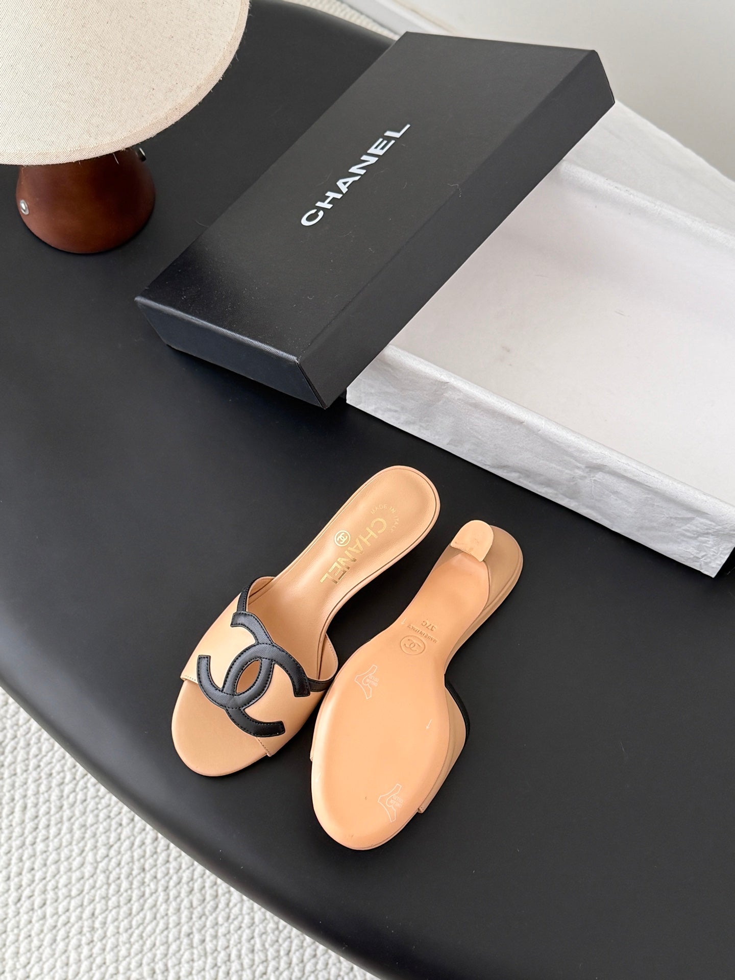 CHANEL HIGH MULES IN BEIGE MIX BLACK CALFSKIN