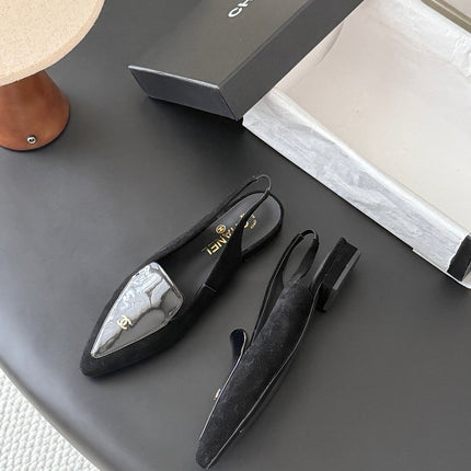 CHANEL 26S SLINGBACK FLAT IN BLACK SUEDE AND CALFSKIN