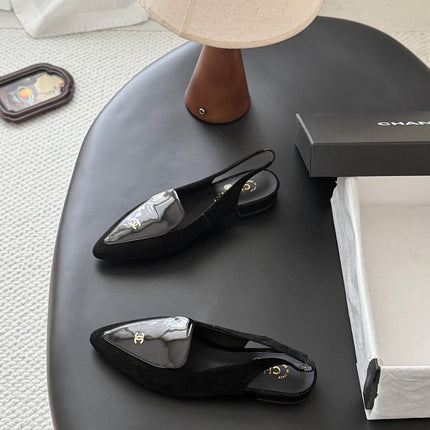 CHANEL 26S SLINGBACK FLAT IN BLACK SUEDE AND CALFSKIN
