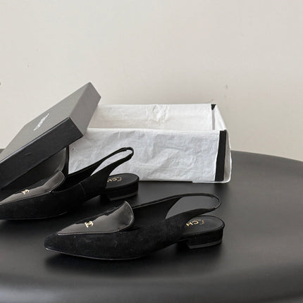 CHANEL 26S SLINGBACK FLAT IN BLACK SUEDE AND CALFSKIN