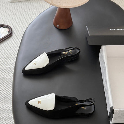 CHANEL 26S SLINGBACK FLAT IN BLACK AND WHITE SUEDE WITH CC LOGO
