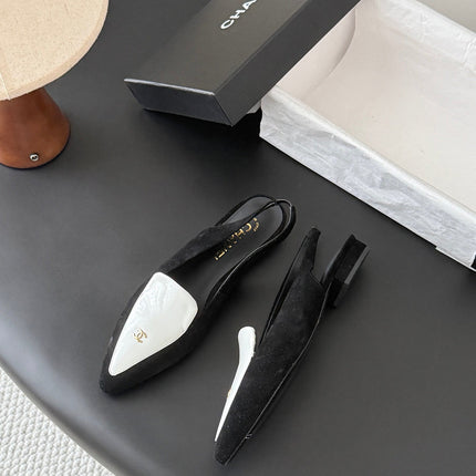 CHANEL 26S SLINGBACK FLAT IN BLACK AND WHITE SUEDE WITH CC LOGO