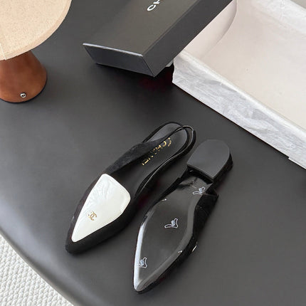 CHANEL 26S SLINGBACK FLAT IN BLACK AND WHITE SUEDE WITH CC LOGO