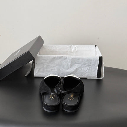 CHANEL 26S SLINGBACK FLAT IN BLACK AND WHITE SUEDE WITH CC LOGO