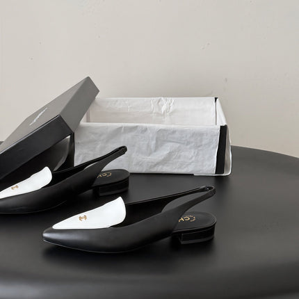 CHANEL 26S SLINGBACK FLAT IN BLACK AND WHITE CALFSKIN WITH CC LOGO