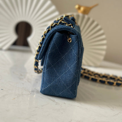 CHANEL 25S MINI FLAP BAG 18 IN BLUE DENIM WITH GOLD HARDWARE