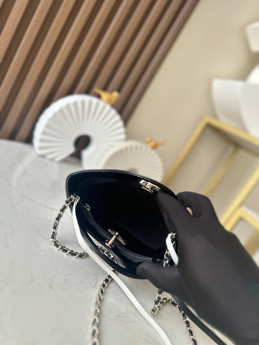 CHANEL 26S MINI SHOPPING BAG 24 IN WHITE AND BLACK LAMBSKIN