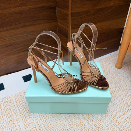 AQUAZZURA 26S LACE-UP HEEL SANDALS 100 MM IN METALLIC BRONZE BROWN CALFSKIN