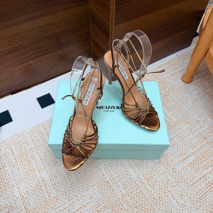 AQUAZZURA 26S LACE-UP HEEL SANDALS 100 MM IN METALLIC BRONZE BROWN CALFSKIN