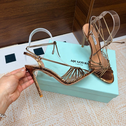 AQUAZZURA 26S LACE-UP HEEL SANDALS 100 MM IN METALLIC BRONZE BROWN CALFSKIN