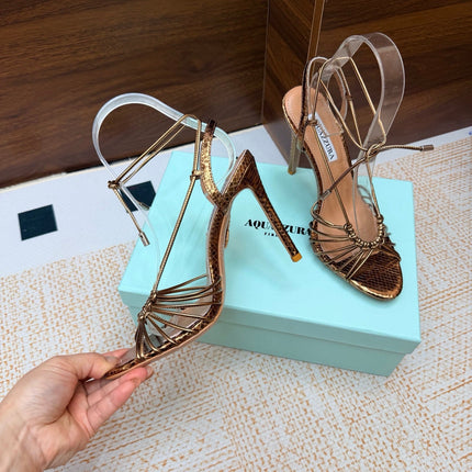 AQUAZZURA 26S LACE-UP HEEL SANDALS 100 MM IN METALLIC BRONZE BROWN CALFSKIN