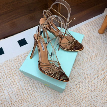 AQUAZZURA 26S LACE-UP HEEL SANDALS 100 MM IN METALLIC BRONZE BROWN CALFSKIN