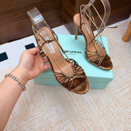AQUAZZURA 26S LACE-UP HEEL SANDALS 100 MM IN METALLIC BRONZE BROWN CALFSKIN