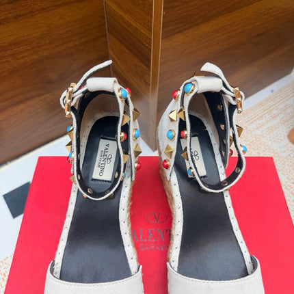 VALENTINO 26S ESPADRILLE WEDGE SANDALS 95 MM IN WHITE SUEDE WITH ROCKSTUDS