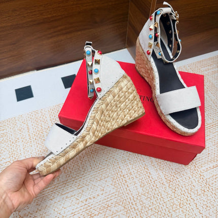 VALENTINO 26S ESPADRILLE WEDGE SANDALS 95 MM IN WHITE SUEDE WITH ROCKSTUDS