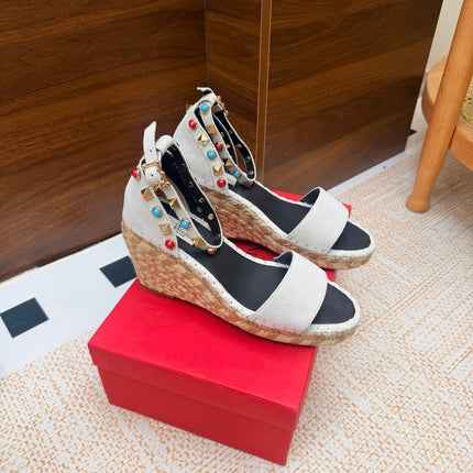 VALENTINO 26S ESPADRILLE WEDGE SANDALS 95 MM IN WHITE SUEDE WITH ROCKSTUDS