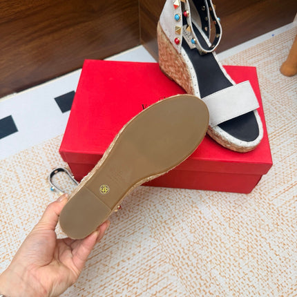 VALENTINO 26S ESPADRILLE WEDGE SANDALS 95 MM IN WHITE SUEDE WITH ROCKSTUDS