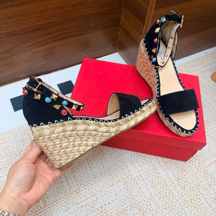 VALENTINO 26S ESPADRILLE WEDGE SANDALS 95 MM IN BLACK SUEDE WITH ROCKSTUDS