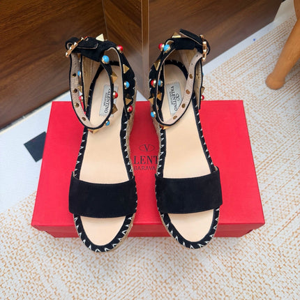 VALENTINO 26S ESPADRILLE WEDGE SANDALS 95 MM IN BLACK SUEDE WITH ROCKSTUDS