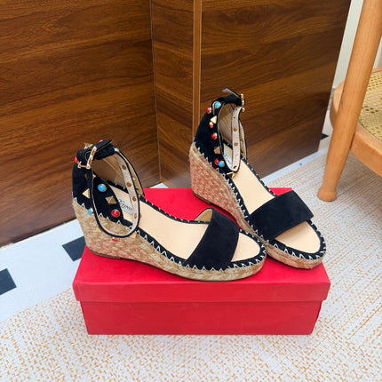 VALENTINO 26S ESPADRILLE WEDGE SANDALS 95 MM IN BLACK SUEDE WITH ROCKSTUDS