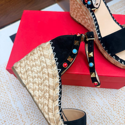 VALENTINO 26S ESPADRILLE WEDGE SANDALS 95 MM IN BLACK SUEDE WITH ROCKSTUDS