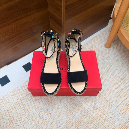 VALENTINO 26S ESPADRILLE WEDGE SANDALS 95 MM IN BLACK SUEDE WITH ROCKSTUDS