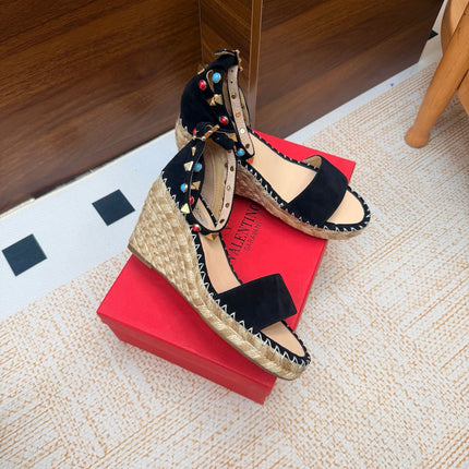 VALENTINO 26S ESPADRILLE WEDGE SANDALS 95 MM IN BLACK SUEDE WITH ROCKSTUDS