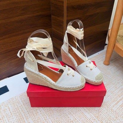 VALENTINO 26S ESPADRILLE WEDGE SANDALS 95 MM IN WHITE SUEDE