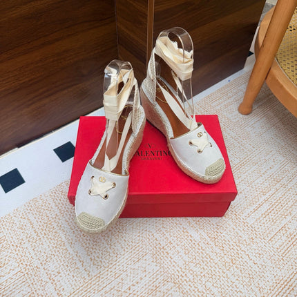 VALENTINO 26S ESPADRILLE WEDGE SANDALS 95 MM IN WHITE SUEDE