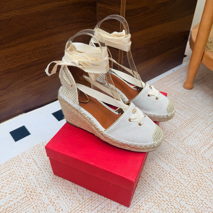 VALENTINO 26S ESPADRILLE WEDGE SANDALS 95 MM IN WHITE SUEDE