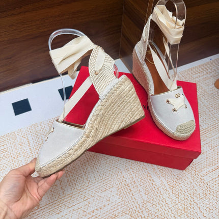 VALENTINO 26S ESPADRILLE WEDGE SANDALS 95 MM IN WHITE SUEDE