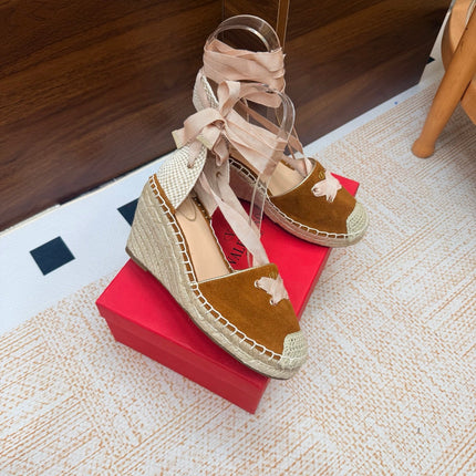 VALENTINO 26S ESPADRILLE WEDGE SANDALS 95 MM IN BROWN SUEDE