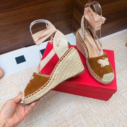VALENTINO 26S ESPADRILLE WEDGE SANDALS 95 MM IN BROWN SUEDE