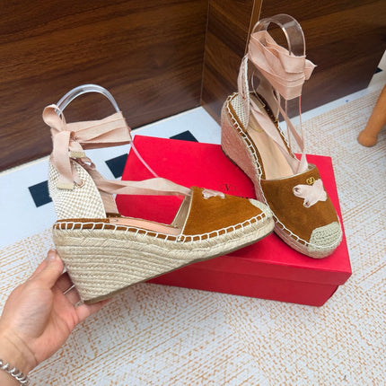 VALENTINO 26S ESPADRILLE WEDGE SANDALS 95 MM IN BROWN SUEDE