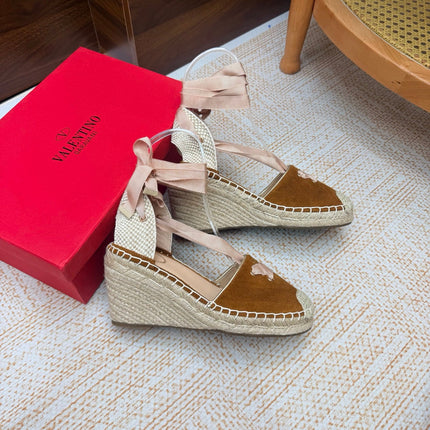 VALENTINO 26S ESPADRILLE WEDGE SANDALS 95 MM IN BROWN SUEDE