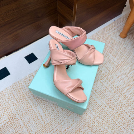 AQUAZZURA 26S TWISTED HEEL SANDALS 85 MM IN LIGHT PINK LAMBSKIN